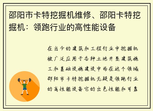 邵阳市卡特挖掘机维修、邵阳卡特挖掘机:领跑行业的高性能设备